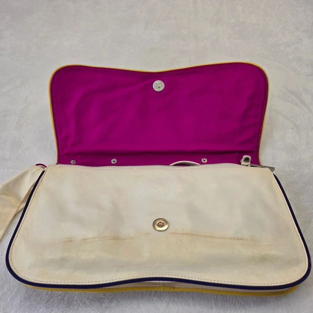 Kooba Leather Oversized Clutch Bag Cream with Multicolor Piping Wristlet Strap